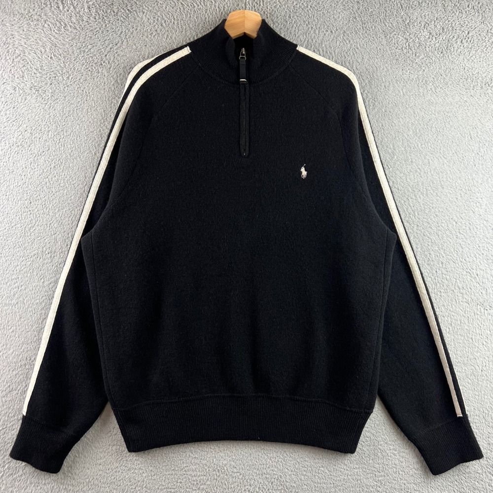 Polo Ralph Lauren Mens Black 100% Lambswool Stripe 1/4 Zip Sweater Large
